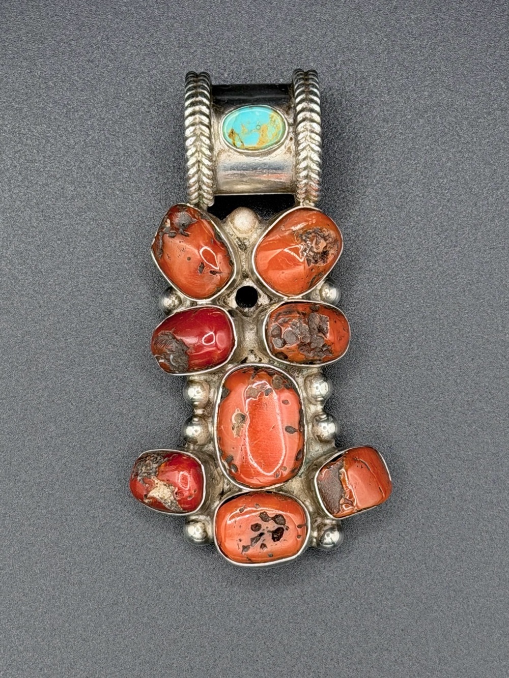 Vintage Silver Red Coral & Turquoise Cluster Slide Pendant / Enhancer